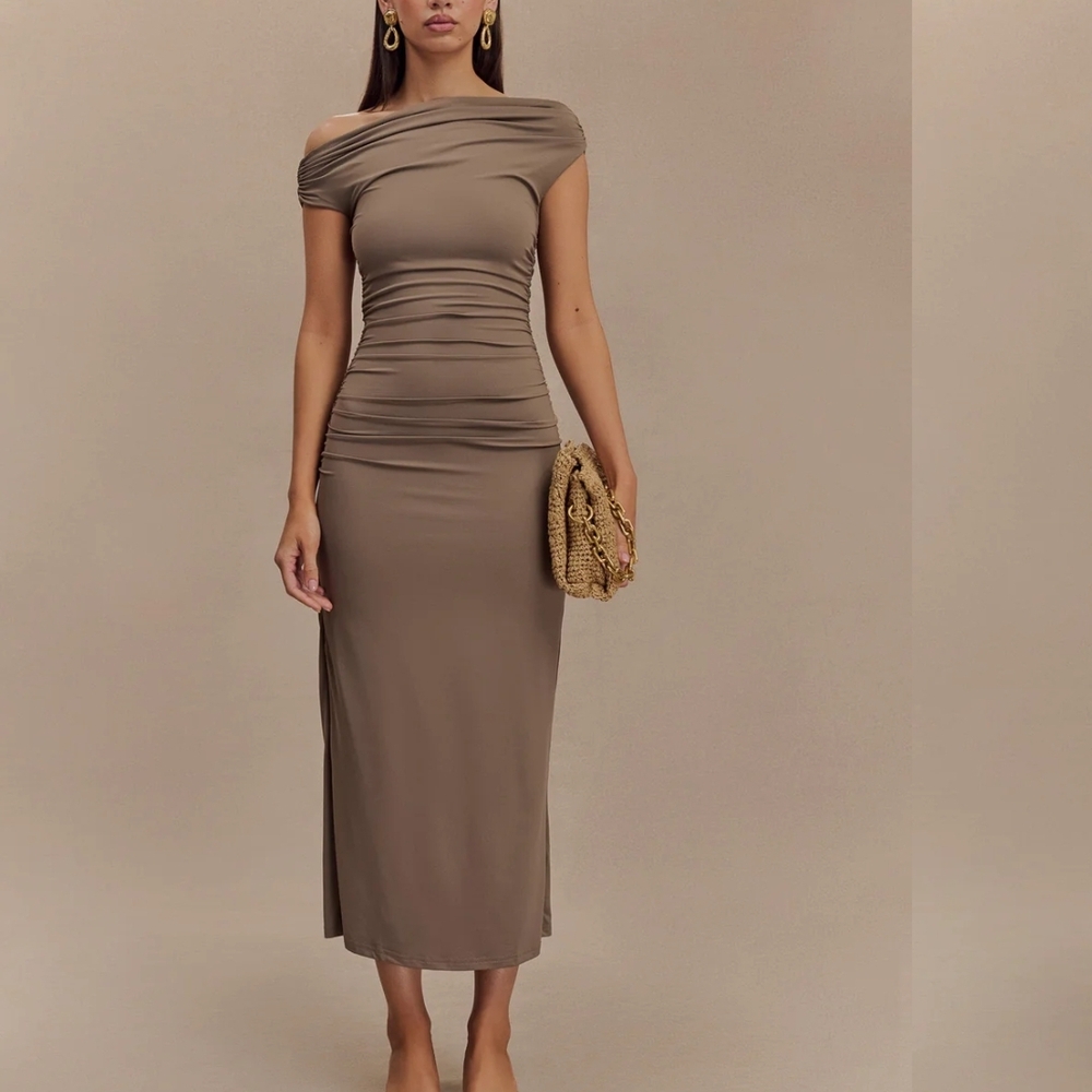 Brans New Meshki One Shoulder Ruched Brown Cocktail Dress Never Worn